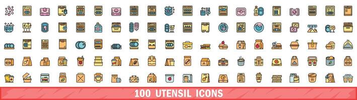 100 utensil icons set, color line style vector