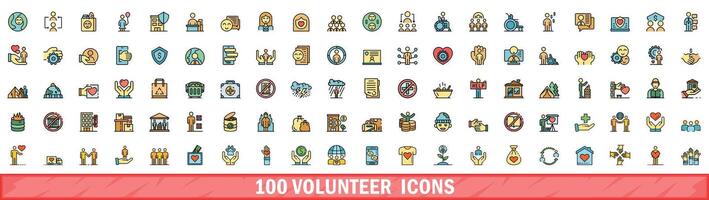 100 volunteer icons set, color line style vector