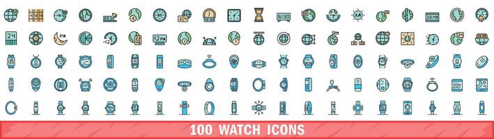 100 watch icons set, color line style vector