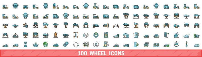 100 wheel icons set, color line style vector