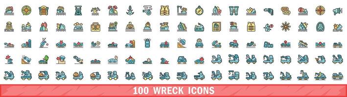 100 wreck icons set, color line style vector