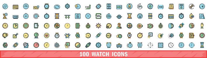 100 watch icons set, color line style vector