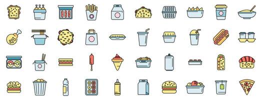 Take away food and drinks icons set color line vector