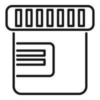 Black and white linear icon of a medicine bottle with a label and cap vector