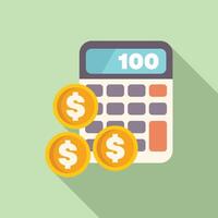 Calculator showing number one hundred on display with three gold coins displaying dollar sign vector