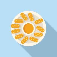 Plate of chicken fingers and honey mustard sauce is being served on a blue tablecloth vector