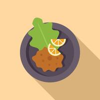 Round plate with cooked steak, lettuce and orange slices vector