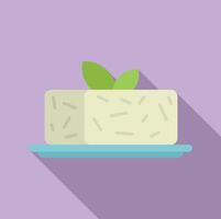 Block of tofu on a plate with basil leaves is being served vector