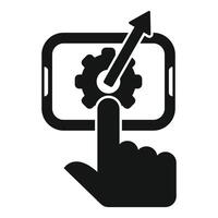 Hand pushing gear button on smartphone screen for performance increasing vector