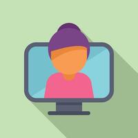 Woman attending online meeting on computer screen, working remotely from home office vector