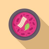 Bowl containing steaming hot pink soup garnished with bacon and basil vector