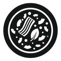 Round plate with delicious soup, bacon and basil icon vector