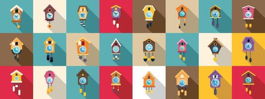 Cuckoo Clock icons set. Collection of cuckoo clocks showing different times and styles vector