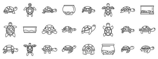 turtle pet icons set. Set of various turtle poses crawling and swimming line art icons vector