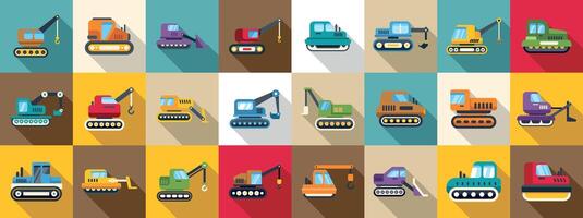 crawler icons set. Construction machinery icons set showing excavators, cranes, bulldozers, and dump trucks for building and demolishing vector