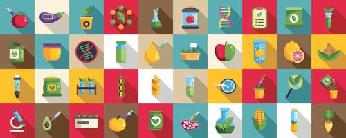genetic modification in agriculture icons set. Scientists modifying crops and fruits using genetic engineering to improve flavor and resistance to diseases vector