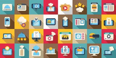 Culinary blog icons set. Online cooking class, culinary recipes website, food blog and streaming service concept icons set in flat style vector