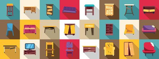 broken furniture icons set. Collection of damaged furniture depicting broken legs, scratched surfaces, and missing parts vector