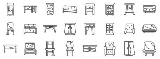 broken furniture icons set. Set of line icons showing different pieces of furniture with varying degrees of damage vector