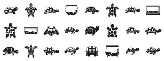 turtle pet icons set. Set of turtle icons showing turtles crawling swimming and in their tanks vector