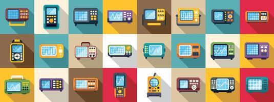 Oscillograph icons set. Electronic test equipment collection featuring oscilloscopes showing signal waveforms vector