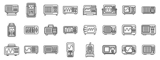 Oscillograph icons set. Large set of oscilloscope icons featuring different types of digital measurement devices for electronic engineers vector