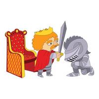 King knighting kneeling soldier with sword next to throne vector