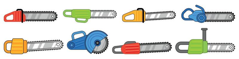 Chainsaw icons set. Set of chainsaws showing different types of electric and gasoline saws for cutting wood vector