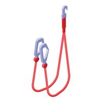 Red bungee cord with metal hooks for fixing something isometric icon vector
