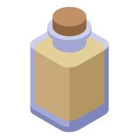 Square glass bottle containing yellow liquid with cork stopper isometric view vector