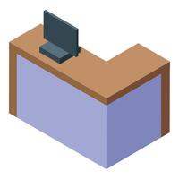 Isometric reception desk with computer for hotel or office lobby vector