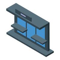 Isometric bus station with empty seats and electronic display showing arrival time vector