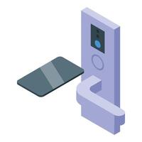Hotel guest using smartphone to open electronic door lock system vector