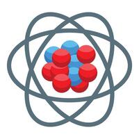 Atomic model showing red and blue protons and neutrons orbiting a nucleus vector