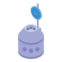 Space capsule floating in space with open hatch and antenna transmitting signals vector