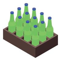 Wooden beer crate containing ten green bottles standing upright isometric view vector