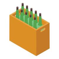 Wooden crate containing nine green glass bottles with corks isometric view vector