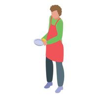 Man is washing a plate with a yellow sponge vector