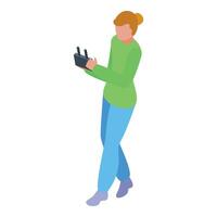 Young woman using a remote control for drone flight navigation vector