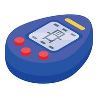 Blue electronic toy with pixelated screen displaying stick figure character isometric icon vector