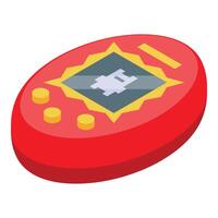 Red tamagotchi electronic toy with pixelated screen showing growing pixelated character vector