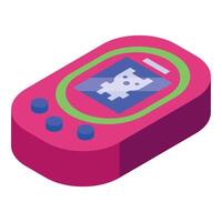 Pink handheld game console displaying pixelated monster character vector