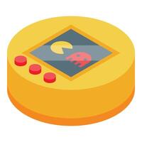 Yellow handheld game console showing pixelated game on screen vector