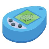 Blue tamagotchi toy showing pixelated robot character on lcd screen with buttons vector