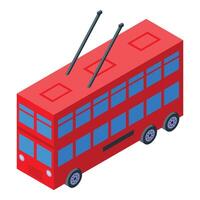 Red double decker trolleybus driving through city center in isometric view vector