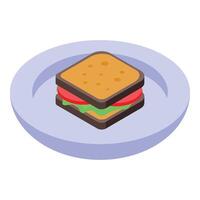 Square sandwich with toasted bread, salad and tomatoes is lying on a plate vector