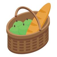 Wicker picnic basket full of green apples and a fresh baguette for a lunch in the park vector