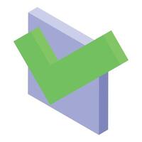 Green check mark approving an abstract rectangular shape in isometric view vector