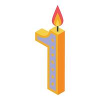Number one birthday candle burning with a flame isometric icon vector