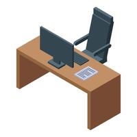 Empty office desk featuring a desktop computer, keyboard and ergonomic chair vector